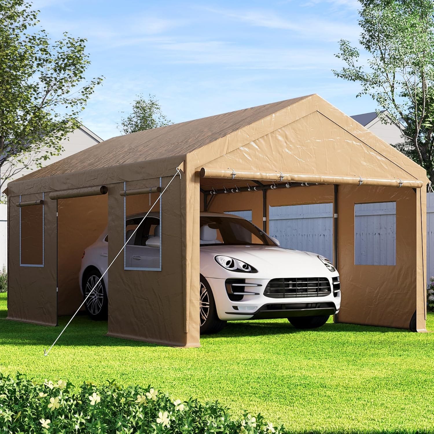 Abri Voiture Extérieur 595x300cm - Tente Garage Avec Portes Et Fenêtres - Bâche Imperméable - Pour Camion, Bateau